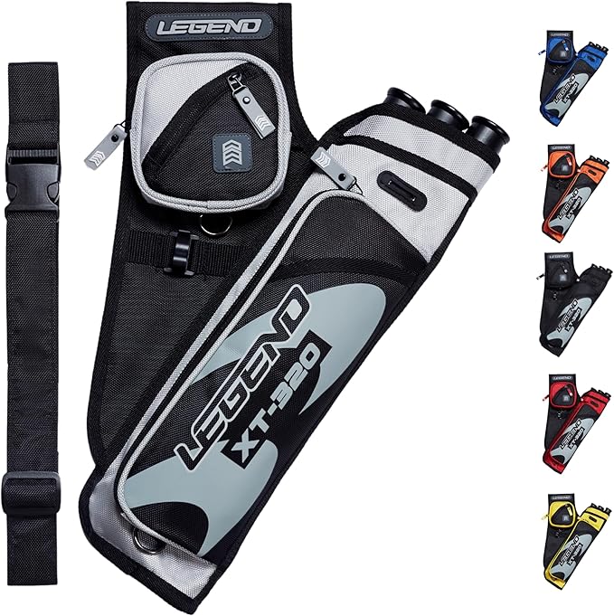 LEGEND XT320 Archery Quivers - Nylon Hip Quivers with 3 Arrow Tube Cases for Target Shooting - Adjustable Waist Belt, T-Slot, Storage Compartments for Accessories, Gear, Tools, Release Tab, Score Card