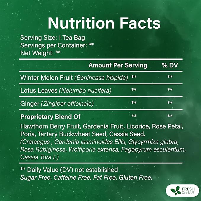 FreshDrinkUS, Oil-Reducing Herbal Tea – 10 Tea Bags | Blend of Winter Melon, Lotus Leaf, Ginger, Hawthorn, Gardenia Fruit, Rose, Cassia Seed & More | Naturally Caffeine-Free | Delicious Hot or Iced