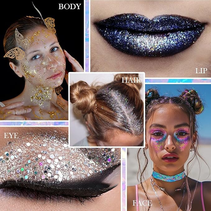 Body Glitter Gel - 4th of July Accessories, Sparkly Chunky Glitter Hair for Kids Women, Iridescent Glitter Freckles, Singer Concert Festival Rave Accessories (Green Body Glitter)