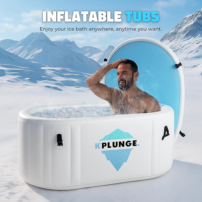 Kodiak 59" 1-Person Inflatable Cold Plunge Ice Bath Tub or Hot Tub with PVC Insulated Lid, Hand Pump, Repair Kit, 110-Gallon Capacity – Chiller Compatible Indoor/Outdoor Tub – Gray