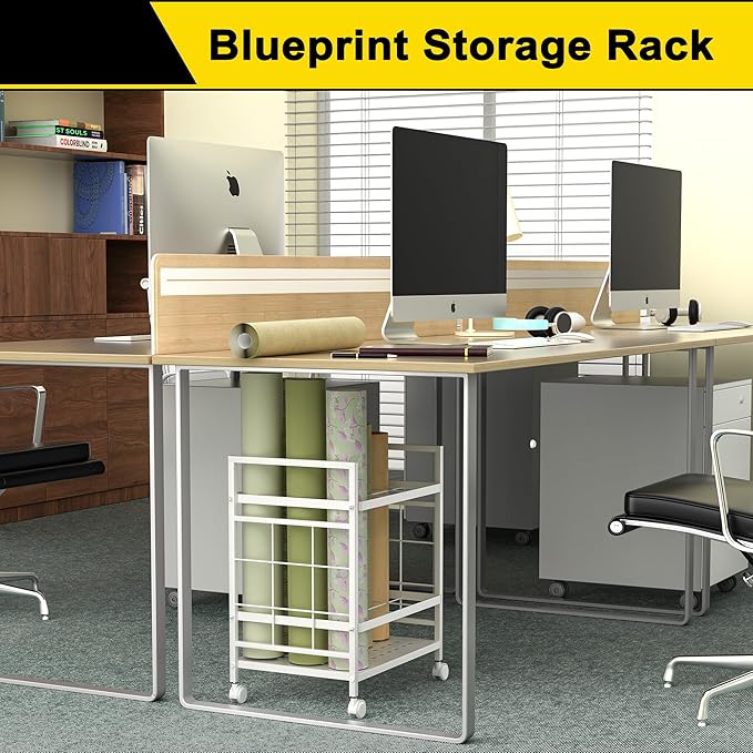 GIOTORENT Blueprint Storage Rack, Holder with Wheels, Map/Poster/Architectural Plan Storage, 12 Slots, 2 Brakes, Silent Wheels for Home, Office, School (White)