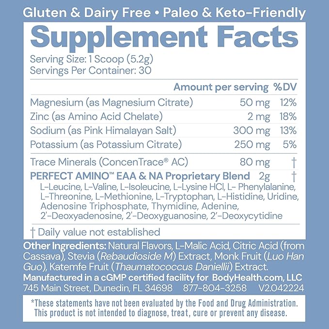 BodyHealth PerfectAmino Electrolytes Powder No Sugar, Keto Sugar Free Fasting Electrolytes Drink Mix, Hydration Powder with Trace Minerals - Watermelon - 30 Servings