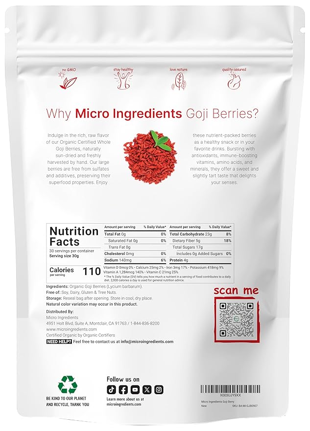 Organic Goji Berries, 32 Ounces | 100% Natural Sun-Dried Whole Fruit | Sulfate & Additive Free | Large Berry Form, Great Flavor for Drinks, Snacks, & Beverages | Non-GMO & Vegan