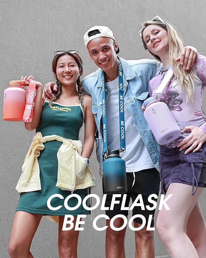 Coolflask 64 oz Water Bottle Insulated with Strap, Half Gallon Water Jug Stainless Steel with Straw & Spout Lids, Metal Large Water Flask, Keep Cold 48h Hot 24h, Leak Proof & Non-BPA, Prussian Blue