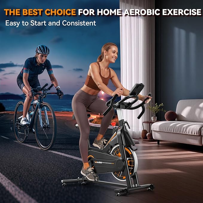 Exercise Bike, Wenoker Stationary Bike for Home, App Supported Indoor Bike with Silent Belt Drive, Heavy Flywheel, Multi-grips Handlebar and Upgraded Digital Display