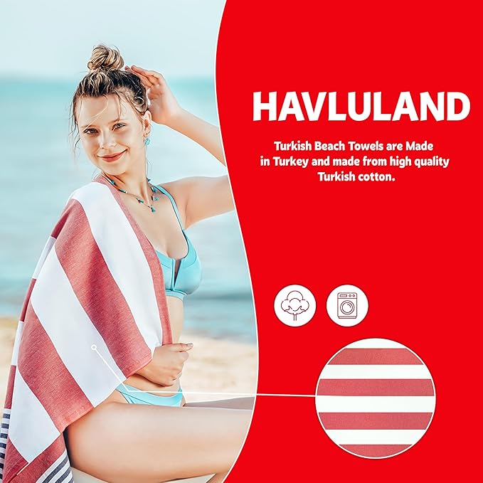 HAVLULAND Turkish Beach Towel Set of 6 - Sand Free - 100% Organic Oversized Turkish Towel - Quick Dry Towels for Beach, Picnic, Blanket or Bath Towel - Lightweight Towels for Travel, Camping & Pool
