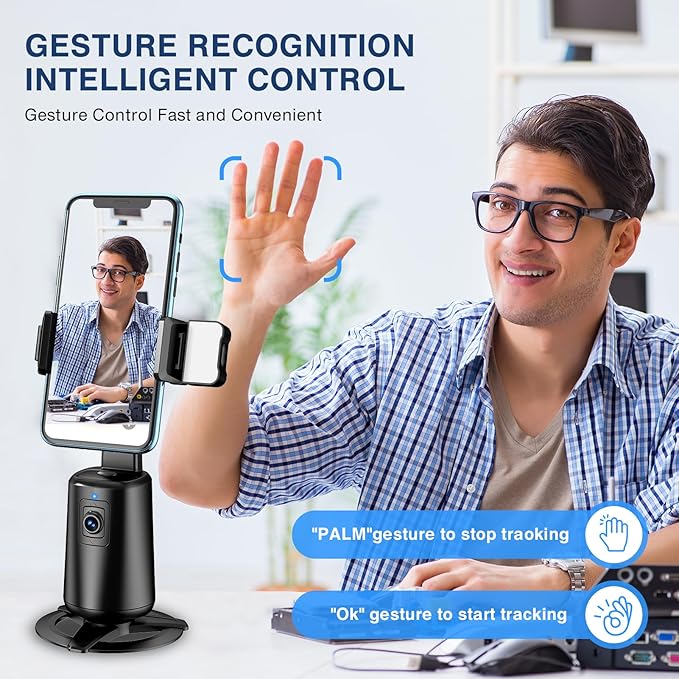 Auto Face Tracking Tripod 360° Rotating Cell Phone Photo and Video Kits Stand, No App, Camera Stand with Remote and Gesture Control, Rechargeable Smart Shooting Stand for Live Recording Tiktok（Black）