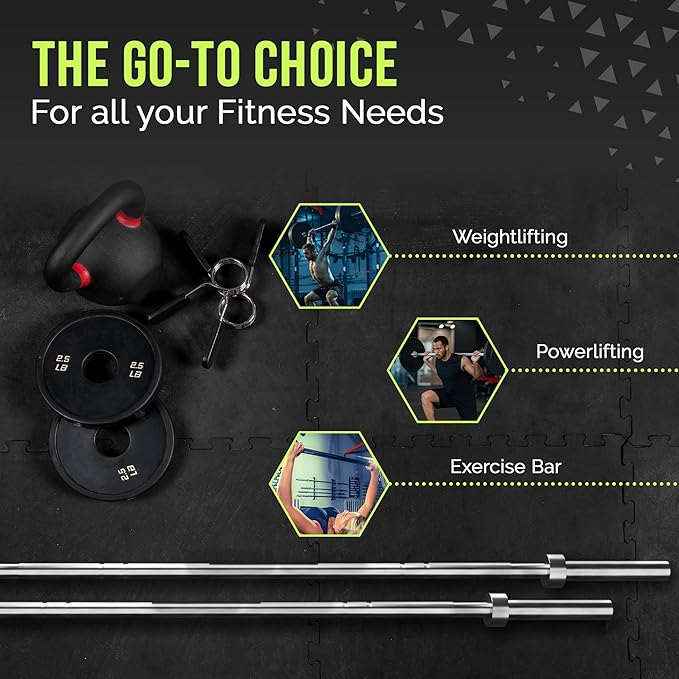 Olympic Training Barbell (6FT) (15 Pound Weight) (300 LBS Capacity), Home Gym Fitness Equipment, Strength Training Workout Bar, Weight bar for Squats, Deadlift, Weightlifting, Bench Press