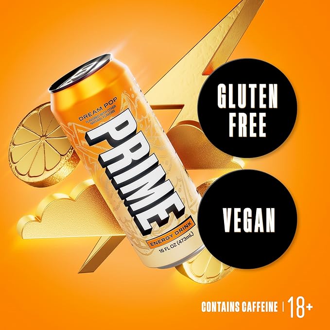 PRIME Energy DREAMPOP, Zero Sugar Energy Drink, 200mg Caffeine and 300mg of Electrolytes for Hydration, for Hydration, Vegan, Gluten Free,16 Fluid Ounce, 12 Pack