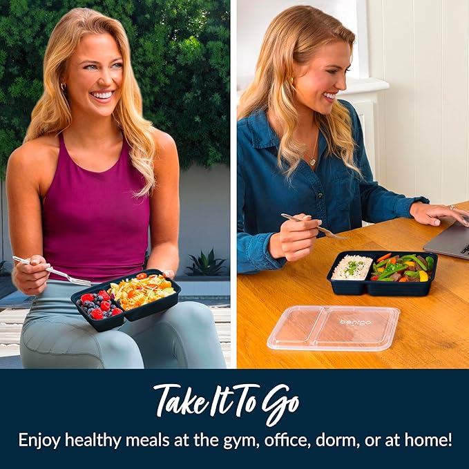 Bentgo 20-Piece Lightweight, Durable, Reusable BPA-Free 2-Compartment Containers - Microwave, Freezer, Dishwasher Safe - Navy Blue