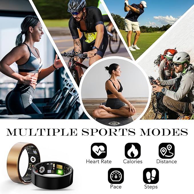 Smart Health Ring for Women Men Fitness Tracker with Heart Rate, Blood Oxygen, Blood Pressure, Sleep Monitoring, Step Counting, IP68 Waterproof for iPhone and Android, No Subscription Fee, Gold 7