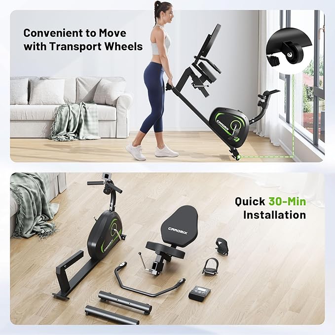 Caromix Recumbent Exercise Bike for Adults Seniors, Stationary Bike for Home with Comfortable Seat and Heart Rate Handle, Magnetic Resistance Indoor Cycling Bike with 300LBS for Cardio Workout