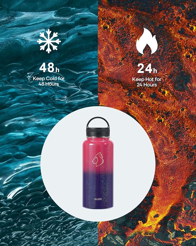 BUZIO 32 oz Water Bottle Insulated with Straw & 3 lid and Carrying Pouch, Leak Proof Anti-Slip Stainless Steel Water Flask Jug, Cold for 48 Hrs Double Vacuum Thermo Canteen, Pearlescent Red Black