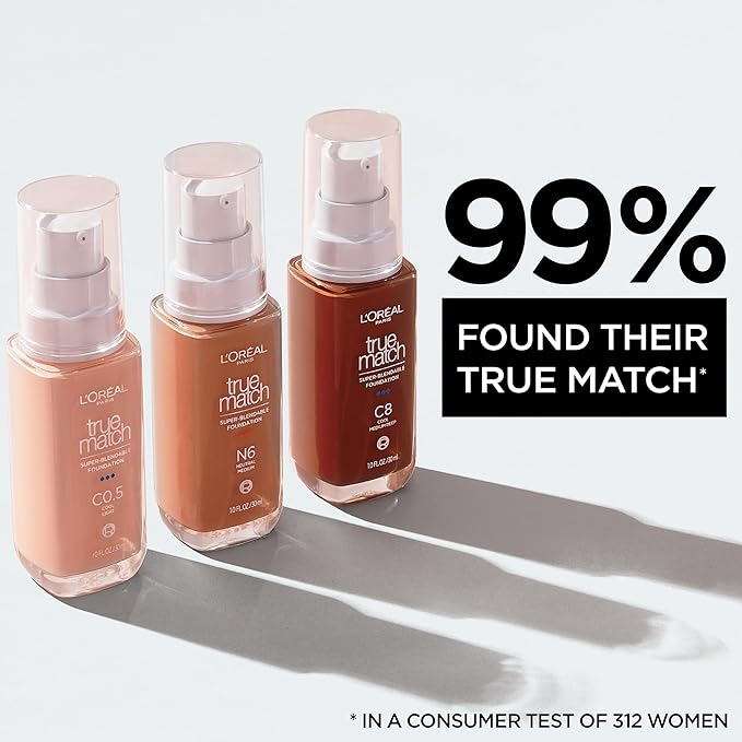 L'Oreal Paris True Match Super-Blendable Foundation, Medium Coverage Liquid Foundation Makeup, W9.5, Deep, 1 Fl Oz