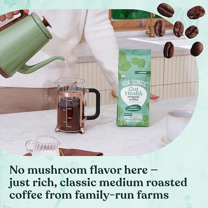 Four Sigmatic Gut Health Organic Ground Coffee | Medium Roast, Immune Boosting Probiotic Mushroom Coffee with Chaga & Turkey Tail for Gut Health & Immune Support | 12oz Bag