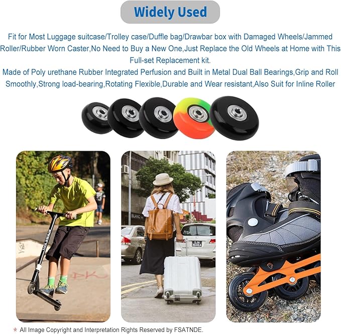 Luggage Suitcase Replacement Wheels Set of 4 PU Bearing Wheels-Install Width 0.8in/21mm with 3 Size Axles and Hacksaw for Trolley Bag Drawbar Box Smooth Rolling Repair(54mm x 18mm)