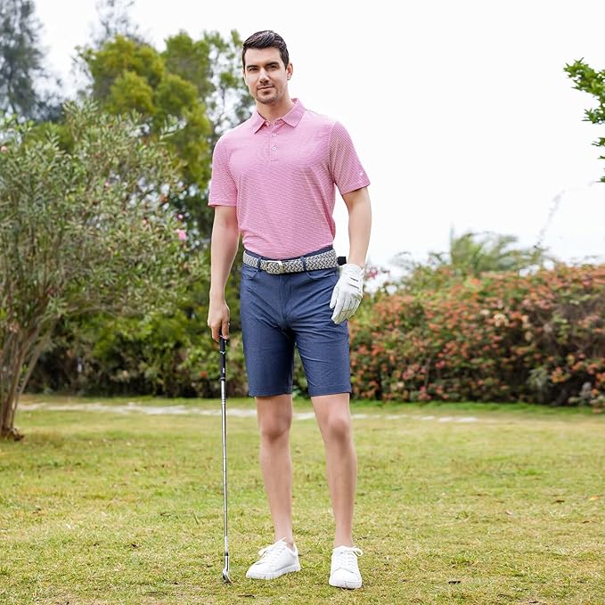 Mens Golf Shirt Moisture Wicking Dry Fit Performance Sport Short Sleeve Striped Golf Polo Shirts for Men