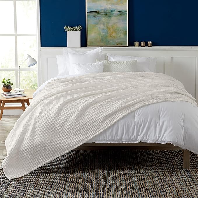 100% Cotton Waffle Weave Queen Bed Blanket | Soft, Breathable, and Lightweight Blanket for All-Seasons | Perfect for Layering | Brielle Collection (King, Ivory)