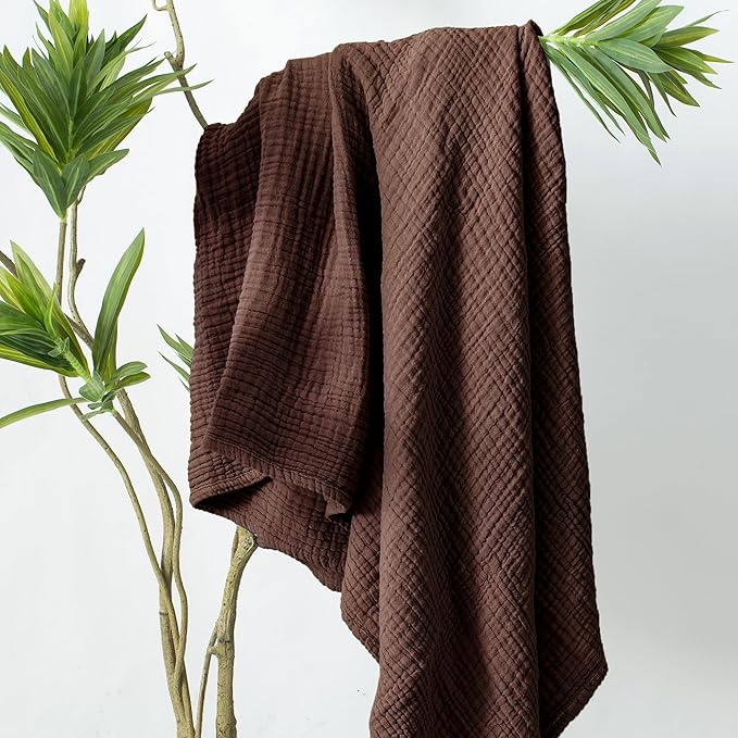 Carriediosa 100% Cotton Muslin Throw Blanket 70" X 80" Twin Size，4-Layers Summer Gauze Throws for Bed Couch，Soft Lightweight Breathable Linen Blankets Bedspread for Adults All Season，Dark Brown