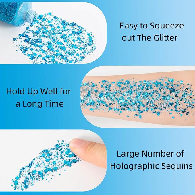MEICOLY Sky Blue Body Glitter,Teal Face Glitter Gel,Halloween Glitter Face Paint,Light Blue for Face Body Eye Hair,Mermaid Turquoise Sparkling Makeup for Women Kids,50 ml