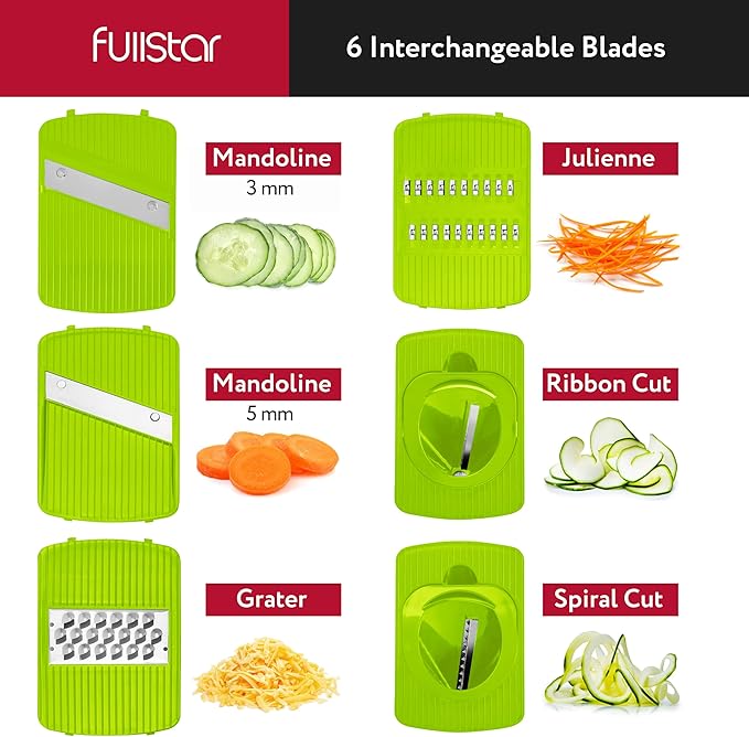 Fullstar Mandoline Slicer for Kitchen, Fruit Cutter, Cheese Grater, Cucumber Slicer, Veggie Spiralizer, Food Cutter & Kitchen Gadgets with Safety Glove (6 in 1, Gray/Green)