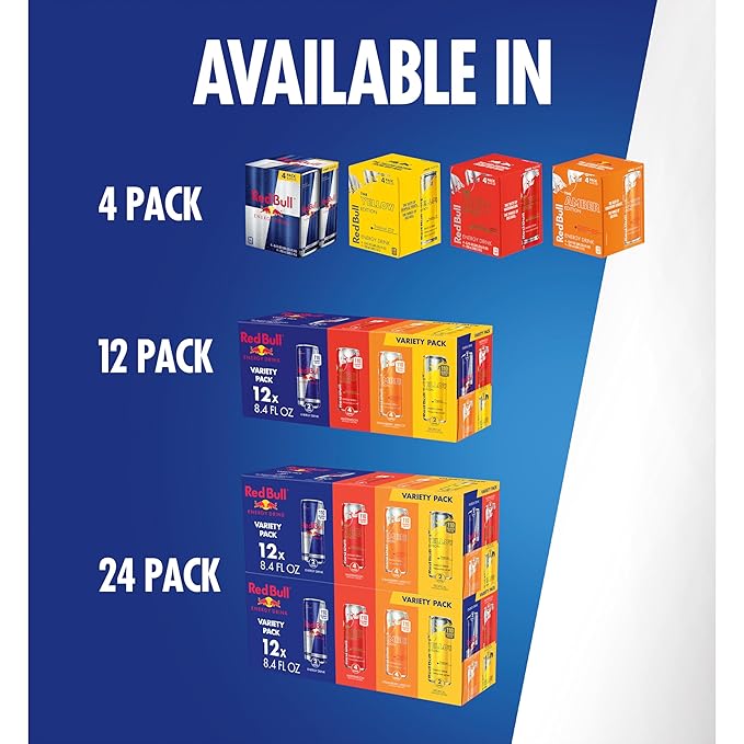 Red Bull Energy Drink Variety Pack, Energy Drink, Red, Yellow & Amber, with 80mg Caffeine plus Taurine & B Vitamins, 8.4 Fl Oz, Pack of 12 Cans