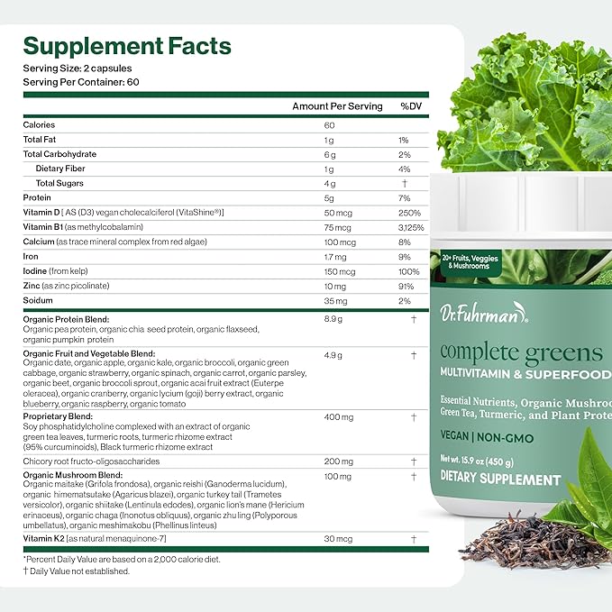 Dr. Fuhrman Whole Food Greens Powder | Premium Greens Superfood Powder Multivitamin | Plant Based Protein for Immune Support & Gut Health | Organic Mushrooms, Greens, & Turmeric | Vitamin B12, D3, K2