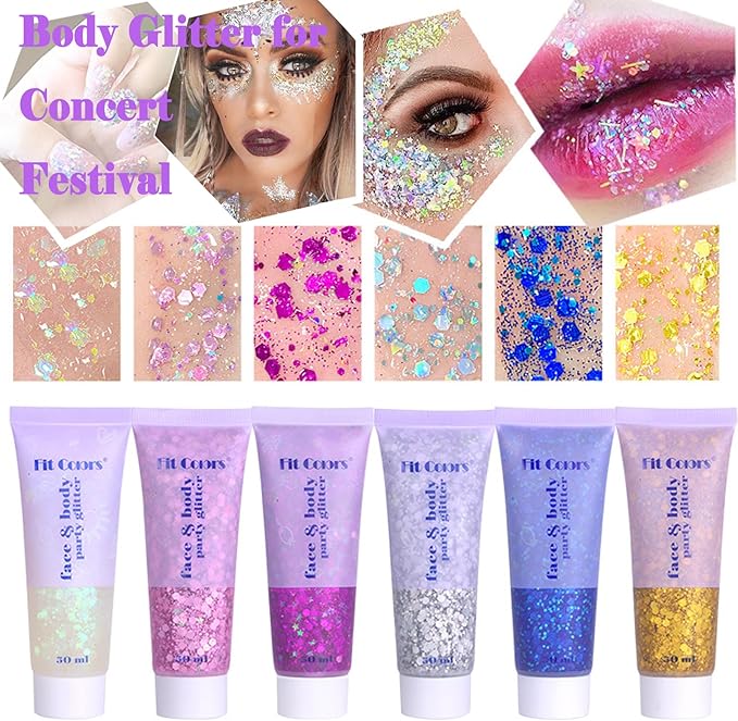 Body Glitter Face Glitter Gel: Singer Concerts Disco Festival Rave Accessories Face Glitter Makeup 150ml Chunky Sequins Mermaid Face Body Hair Glitter Gel (2 Gold)