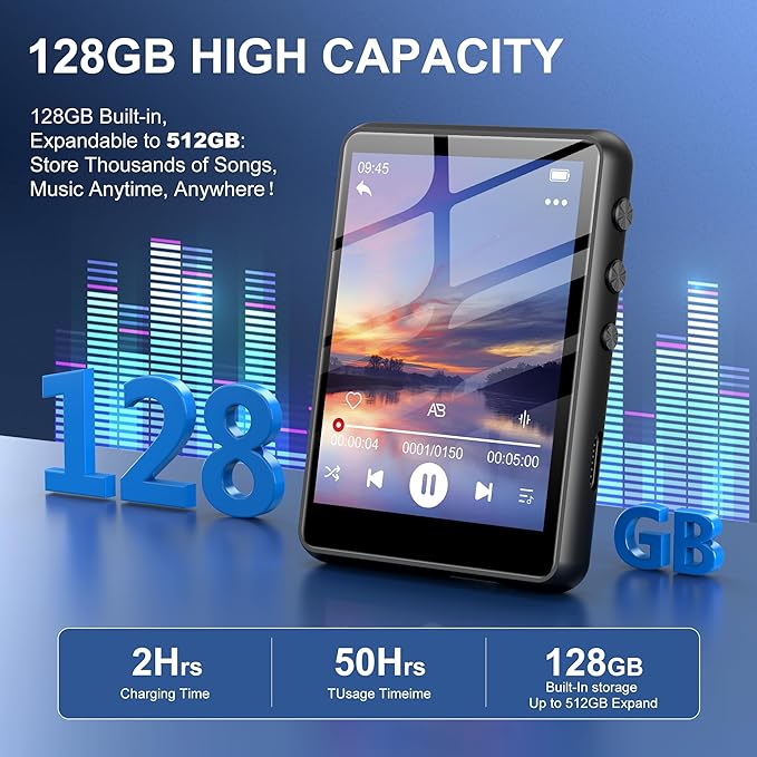 128GB MP3 Player with Bluetooth 5.3 Black, SWOFY M4 Music Player with 2.4" Touch Screen, HD Speaker FM Radio, Recording Support up 128GB