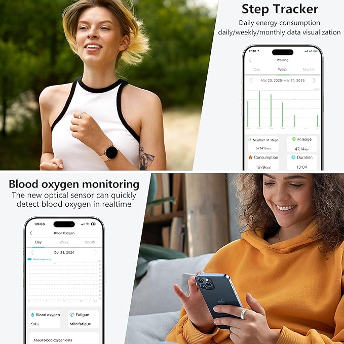 Thin Smart Ring for Fitness & Health Tracking -Pedometer,Sleep/Heart Rate/Blood Oxygen Monitor, Gesture Control / 5ATM Waterproof -No APP Subscription Compatible with Android& iOS (Silver, 12)