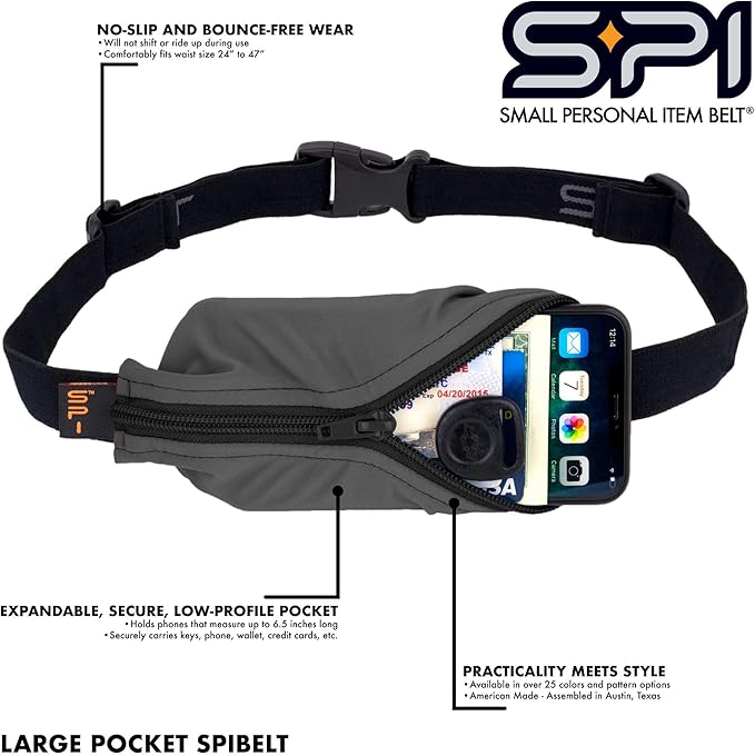 SPIbelt Running Belt for Women Men, Phone Holder for Running, Running Fanny Pack, Holder for Phone, Running Waist Pack, Adjustable Waist, [Fits All Phones]. Black with Red Zipper