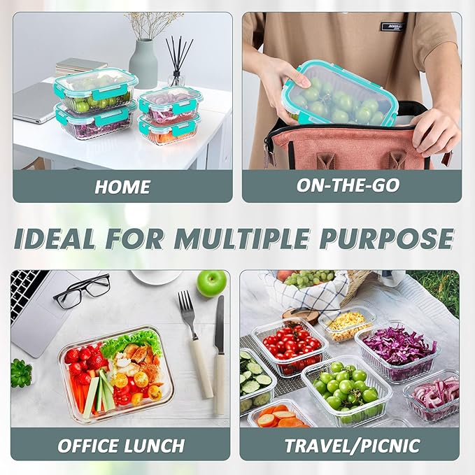10 Packs Glass Meal Prep Containers with Lids, Glass Food Storage Containers Set, Airtight Lunch Containers, Microwave, Oven, Freezer and Dishwasher Safe, Green