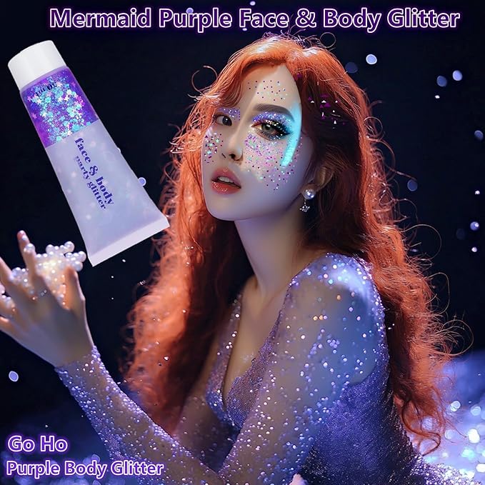 Go Ho Mermaid Purple Face Body Glitter Gel,Mardi Gras Outfit for Women Kids,Holographic Mermaid Chunky Sequins Glitters for Eye Lip Hair Nails,Festival Rave Accessories,52g