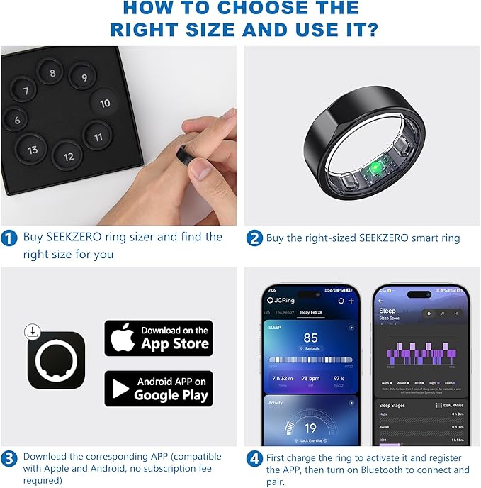 Smart Ring for Women Men - Titanium Health Fitness Tracker Ring with Heart Rate, Step Counting, Calories, Sleep & Stress Monitor for iPhone and Android, No Subscription Fee (Black, 13)
