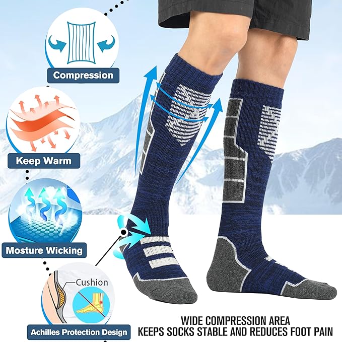 Anlisim 3 Pairs Unisex Merino Wool Ski Thermal Warm Thick Knee High Long Socks