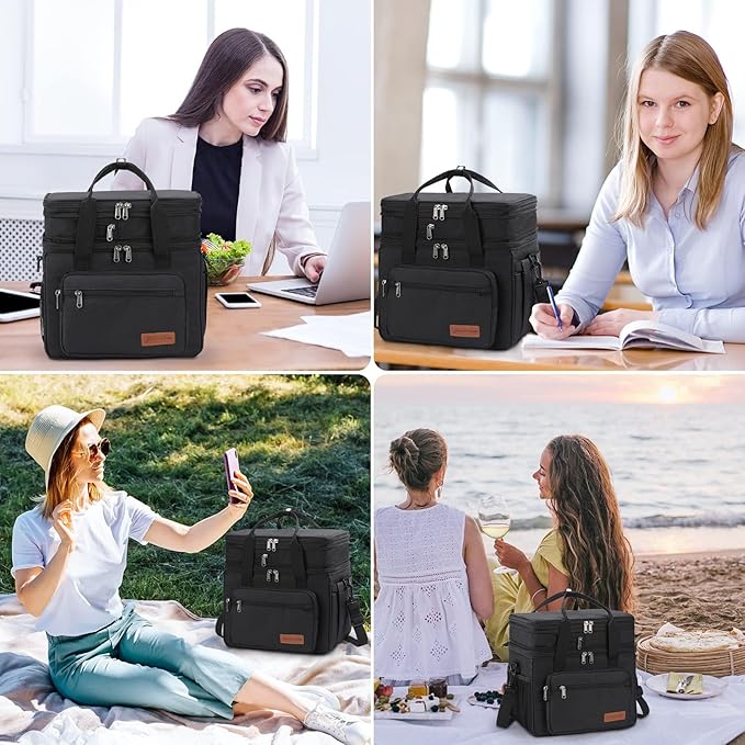 Maelstrom Lunch Box, 23L Insulated Lunch Bag, Expandable Double Deck Cooler Bag, Lightweight Leakproof Tote Bag With Side Tissue Pocket, Suit For Men and Women, Black