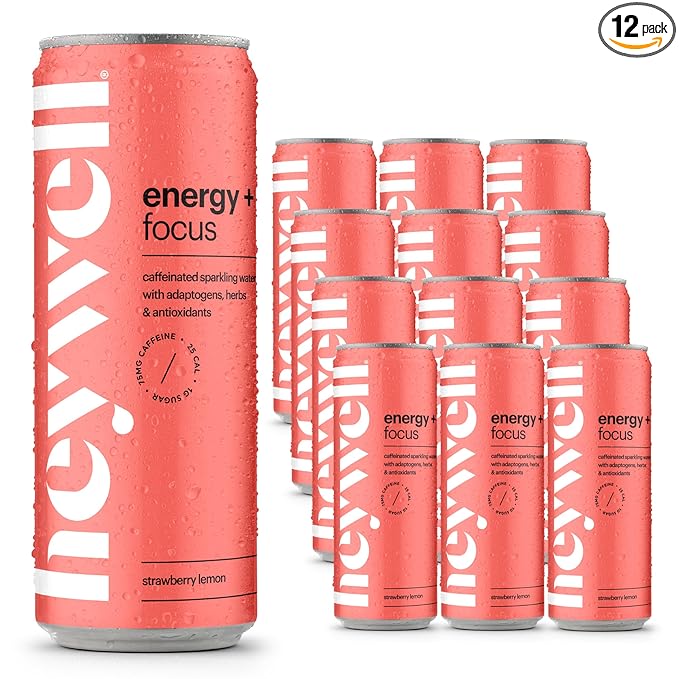 Heywell Sparkling Adaptogenic Water Energy and Focus, Strawberry Lemon Flavor 12 Fluid Ounce (Pack of 12) - Caffeinated, Organic, Non GMO, Vegan, Gluten Free, Dairy Free