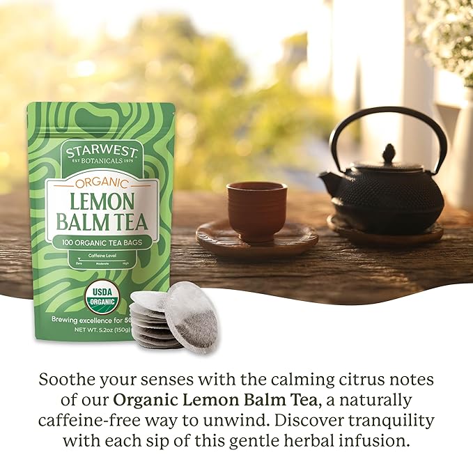Starwest Botanicals Organic Lemon Balm Leaf Tea - Calming Herbal Tea for Women & Men, Caffeine Free, USDA Organic Lemon Balm Leaf, String Free Sachets, Non GMO - Bulk Pack, 100 Tea Bags