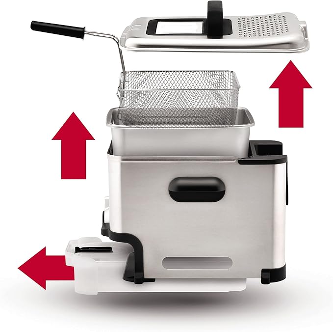 T-fal 3.5L Stainless Steel Deep Fryer with Basket, 1700W Electric Deep Fryer with Basket and Lid, Oil Filtration, Temp Control, Digital Timer, Dishwasher Safe Parts