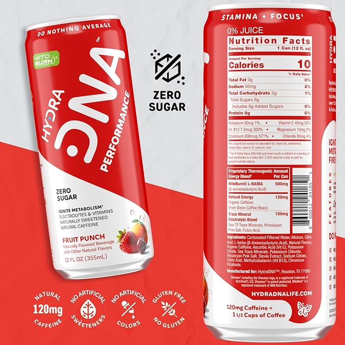 HYDRADNA- Clean Performance Drink, Zero Sugar | For Natural Fuel, Alertness, Boost, Stamina,120 mg Organic Caffeine, Natural Flavors, Zero Sucralose, Clean Ingredients (12 Pack) (12 Pack, Fruit Punch)
