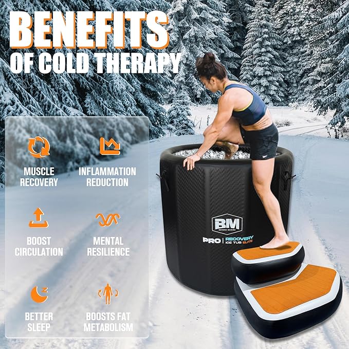 Inflatable Ice Bath Tub for Athletes, Cold Plunge Recovery Tub with Non-Slip Step, Insulated Lid, EVA Groundsheet, Backpack, 115 Gallon Capacity, 39" x 39" x 35.4", Portable Durable Design
