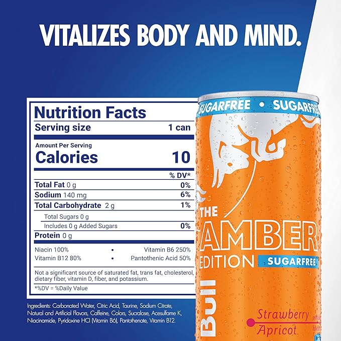 Red Bull Amber Edition Sugar Free Energy Drink, Strawberry Apricot, with 80mg Caffeine plus Taurine & B Vitamins, 8.4 Fl Oz, 6 Packs of 4 Cans (Pack of 24)