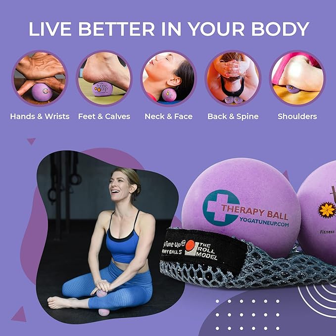 YOGA TUNE UP® Therapy Balls in Tote by Tune Up Fitness - Massage Balls for Trigger Point, Pressure Point & Myofascial Release - Use as Single or Peanut Ball for Pain Relief & Relaxation (Deep Purple)