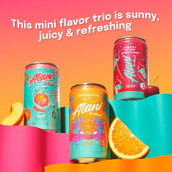 Alani Nu VARIETY PACK (CHERRY SLUSH, JUICY PEACH, ORANGE KISS), Low Calorie Energy Drinks, 100mg Caffeine, Biotin, B Vitamins, Zero Sugar, 10 Calories or Less, 8 Fl Oz Cans, 12 Pack