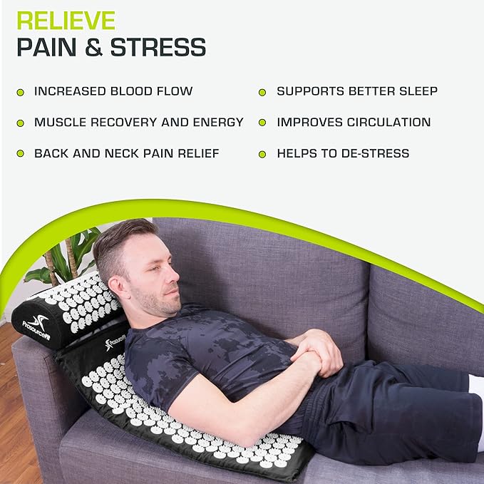 ProsourceFit Acupressure Mat and Pillow Set for Back/Neck Pain Relief and Muscle Relaxation, Large - Gray/Gray