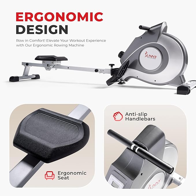 Sunny Health & Fitness Flip & Foldable Rowing Machine for Home w/Extended Slide Rail, Full-Body Workout, Low-Impact, Optional Extra Long Rail, Quiet Rail Cover, Water Motion and Free SunnyFit App