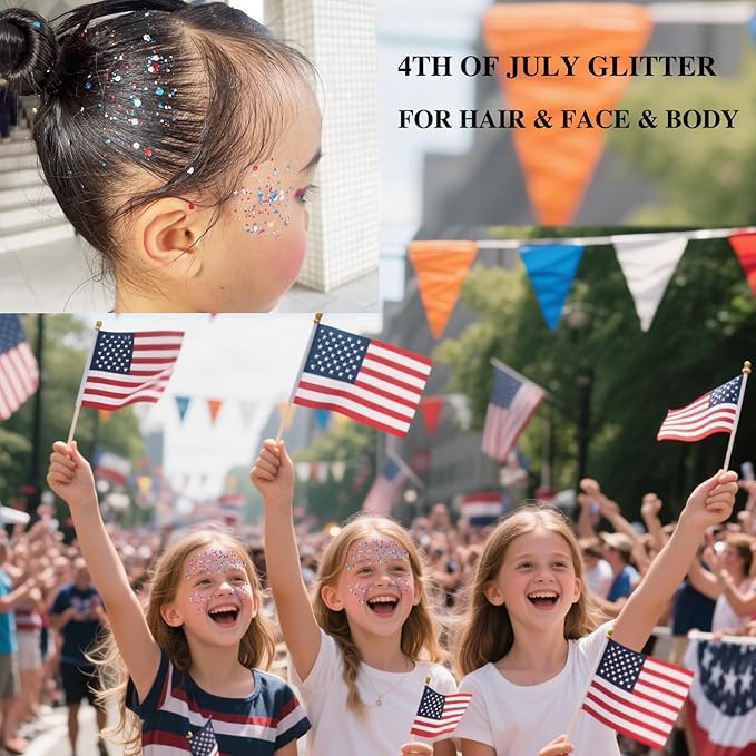 MEICOLY Red White and Blue Face Body Glitter Stick,Hair Glitter Stick for Kids Women,Sparkle Patriotic Pride Chunky Glitter Makeup,4th of July Accessories Outfits for Women
