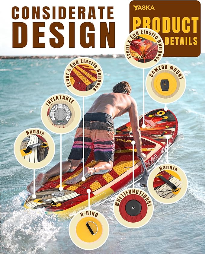 YASKA Inflatable Stand Up Paddle Board - 11ft Extra Wide Paddleboard with Premium SUP Board Accessories,Camera Mount,Non-Slip EVA Deck,5 Handles,Youth/Adult