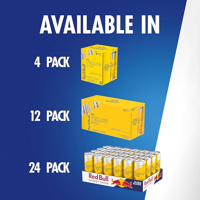 Red Bull Yellow Edition Energy Drink, Tropical, with 80mg Caffeine plus Taurine & B Vitamins, 8.4 Fl Oz, 6 Packs of 4 Cans (Pack of 24)