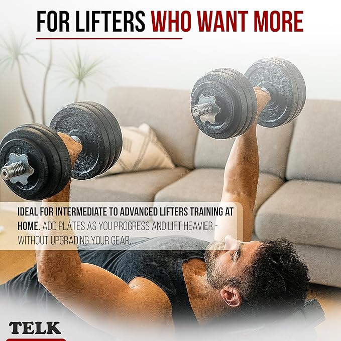 TELK – Adjustable Dumbbell Set – Home Gym Weight Set with Baked Enamel Cast Iron Plates – Space-Saving Free Weights for Strength Training